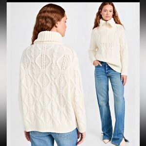 NWT Vince 100% Wool Cable Knit Quarter Zip Funnel Neck Sweater Cream Luxury L